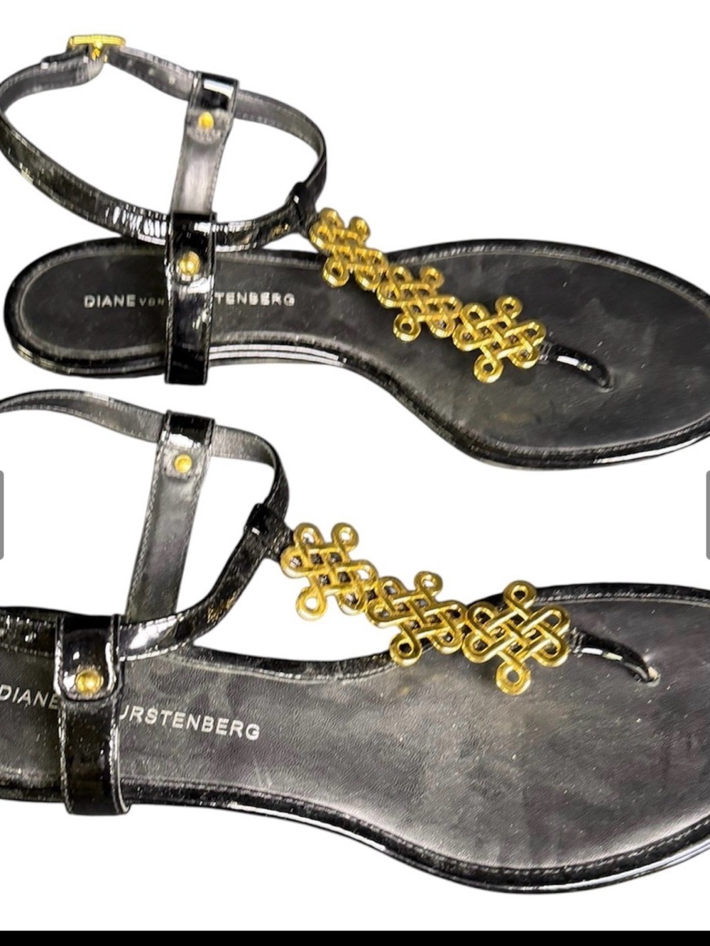 Diane Von Furstenberg Black Leather T-Strap Sandals with Gold Embellishment